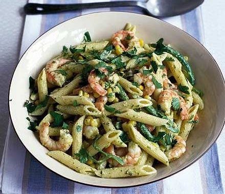 Prawn, sweetcorn & runner bean pasta recipe