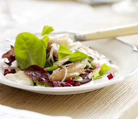 Smoked mackerel salad with beetroot & horseradish dressing recipe