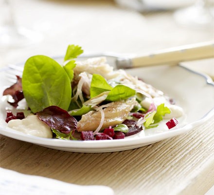 Smoked mackerel salad with beetroot & horseradish dressing recipe 