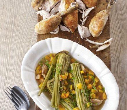 Roast chicken with braised celery hearts recipe