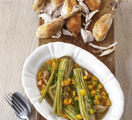 Roast chicken with braised celery hearts recipe 