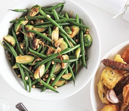 Stir-fried sprouts with green beans, lemon & pine nuts recipe