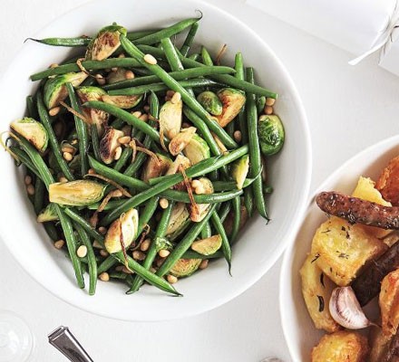 Stir-fried sprouts with green beans, lemon & pine nuts recipe 