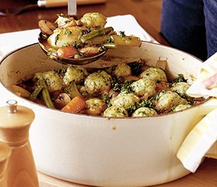 Spring veggie casserole with little herb dumplings recipe