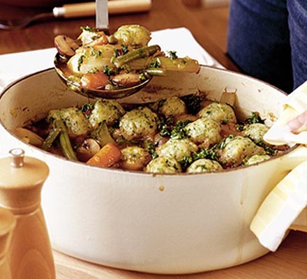 Spring veggie casserole with little herb dumplings recipe 