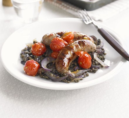 Saucy roast sausages with lentils recipe 