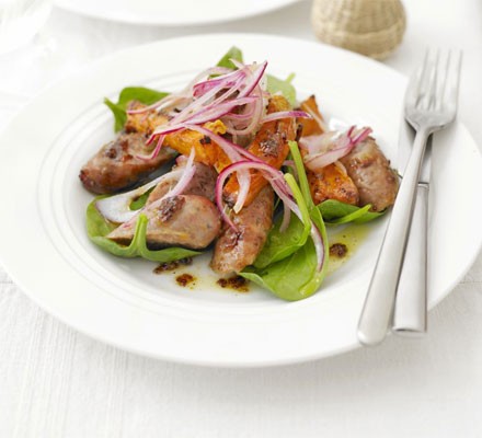 Sticky sausage & sweet potato salad recipe 