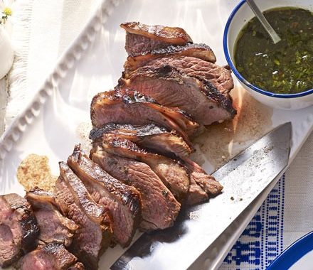 Barbecued lamb with sweet mint dressing recipe