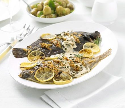 Lemon sole with crab & tarragon butter sauce recipe
