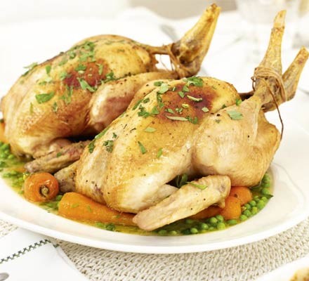 Mustard-buttered chicken with tarragon, peas & carrots recipe 