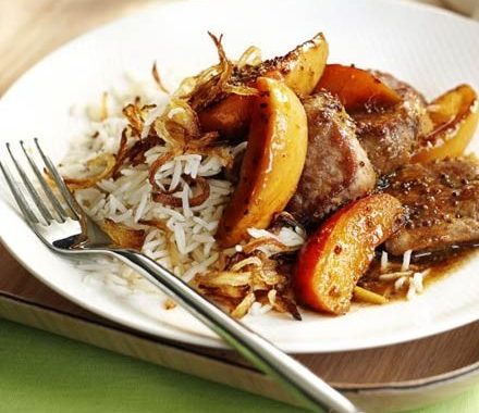 Sticky maple pork with apples recipe