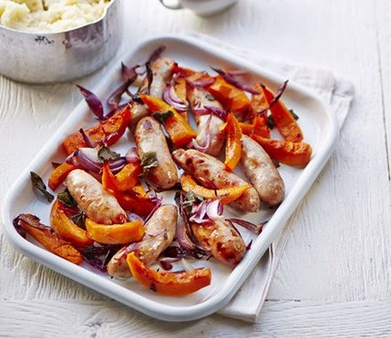 Roast sausage & squash with mustard & sage recipe
