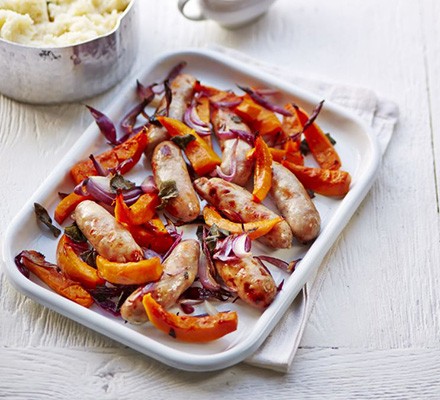 Roast sausage & squash with mustard & sage recipe 