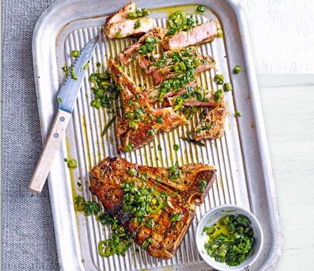 Veal chops with spinach & green pepper salsa recipe
