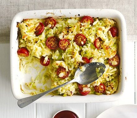 Leek & tomato eggy bread bake recipe