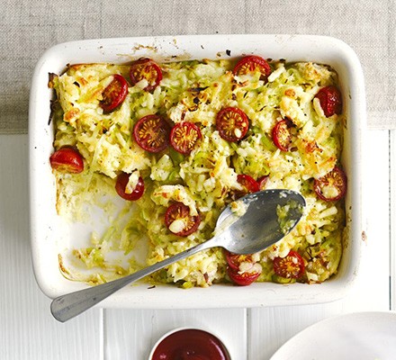 Leek & tomato eggy bread bake recipe 