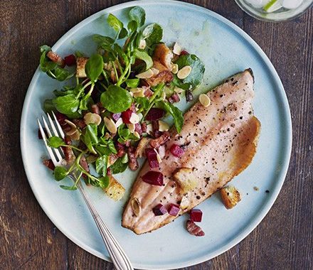 Pan-fried trout with bacon, almonds & beetroot recipe