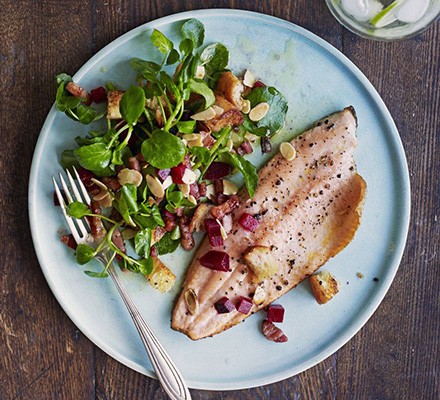 Pan-fried trout with bacon, almonds & beetroot recipe 
