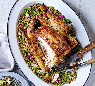 Preserved lemon roast chicken with freekeh salad recipe