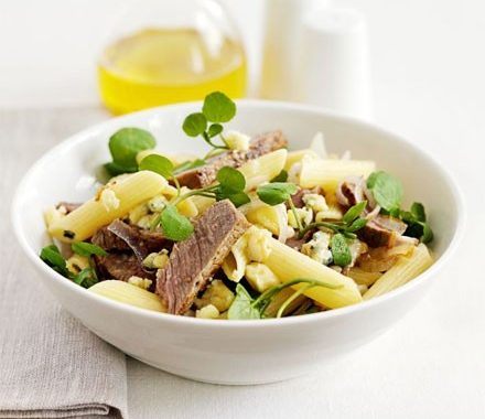 Penne with griddled steak, stilton & shallots recipe