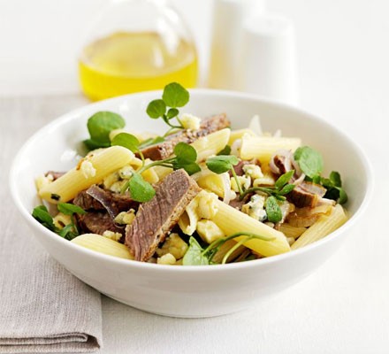 Penne with griddled steak, stilton & shallots recipe 
