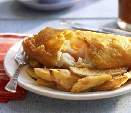Golden beer-battered fish with chips recipe