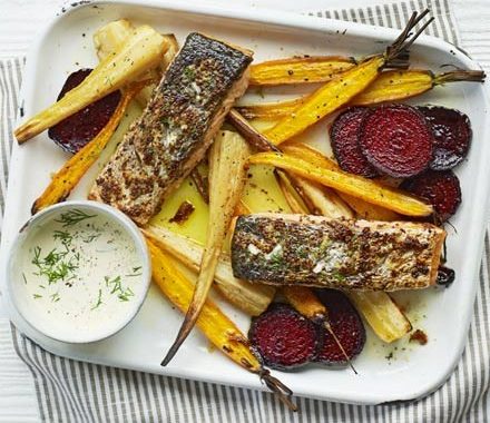 Mustard salmon & veg bake with horseradish sauce recipe
