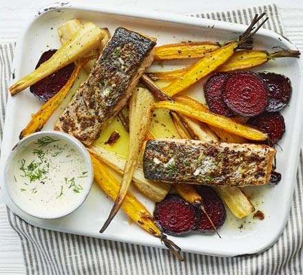Mustard salmon & veg bake with horseradish sauce recipe 