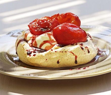 Brown sugar meringues with red wine plums recipe