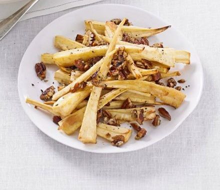 Sticky maple-glazed parsnips with pecans recipe