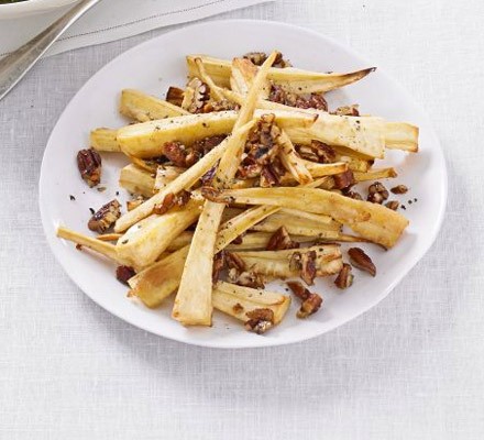 Sticky maple-glazed parsnips with pecans recipe 