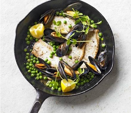 Brown butter sole with peas & mussels recipe