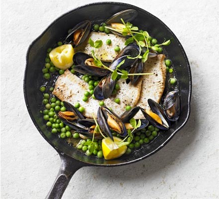 Brown butter sole with peas & mussels recipe 