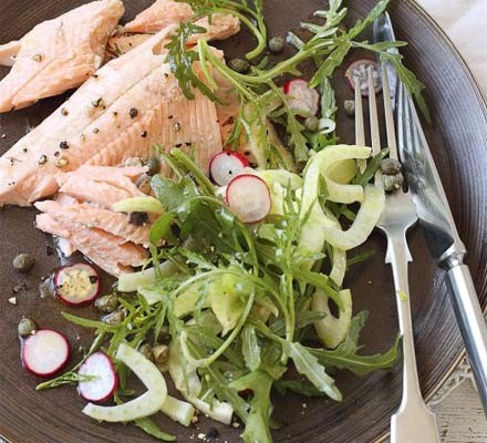 Baked trout with fennel, radish & rocket salad recipe 