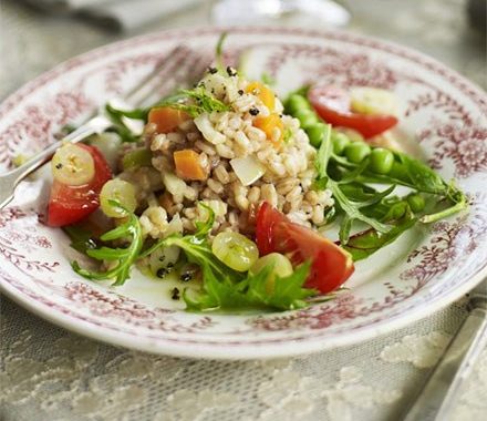 Pearled spelt salad with peas & gooseberries recipe