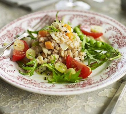 Pearled spelt salad with peas & gooseberries recipe 