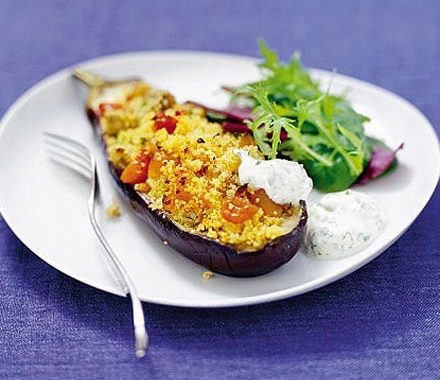 Baked aubergines with coriander yogurt dressing recipe