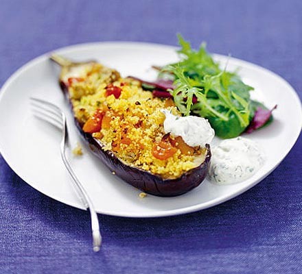 Baked aubergines with coriander yogurt dressing recipe 