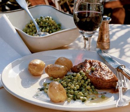Grilled duck breast with minted peas recipe