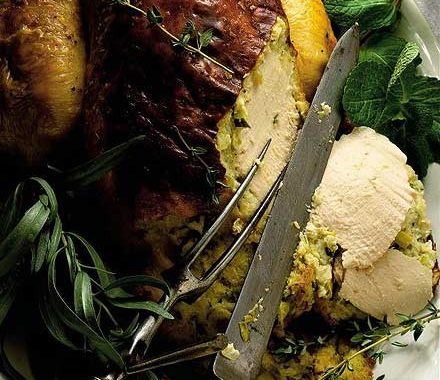 Roast chicken with leek, tarragon & goat's cheese stuffing recipe
