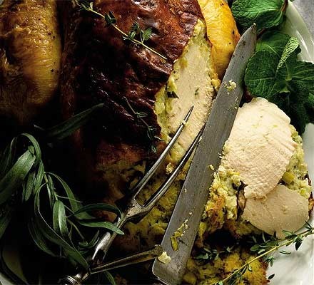 Roast chicken with leek, tarragon & goat's cheese stuffing recipe 