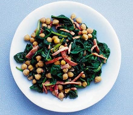 Hot chickpeas with spinach & bacon recipe