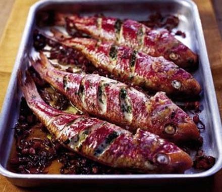 Roast red mullet with tarragon & pancetta recipe