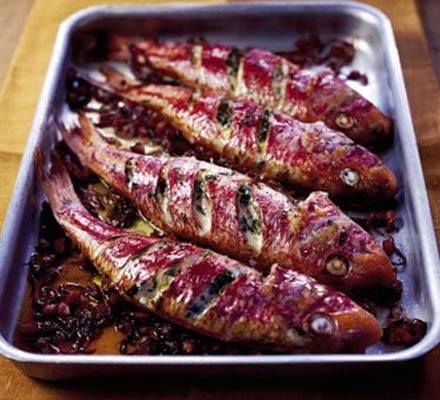 Roast red mullet with tarragon & pancetta recipe 