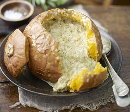 Baked pumpkin with creamy cheese and onion filling recipe