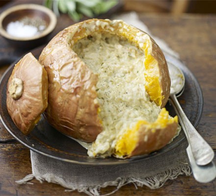 Baked pumpkin with creamy cheese and onion filling recipe 