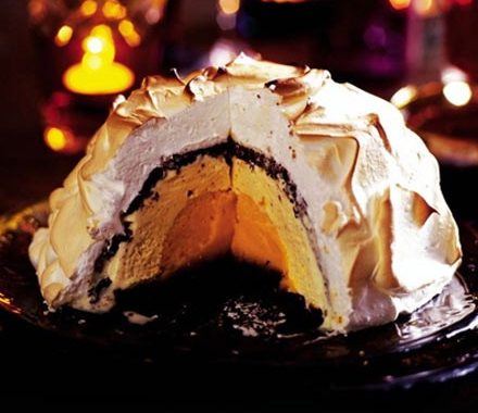 Chocolate orange bombe Alaska with hot chocolate sauce recipe