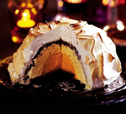 Chocolate orange bombe Alaska with hot chocolate sauce recipe 