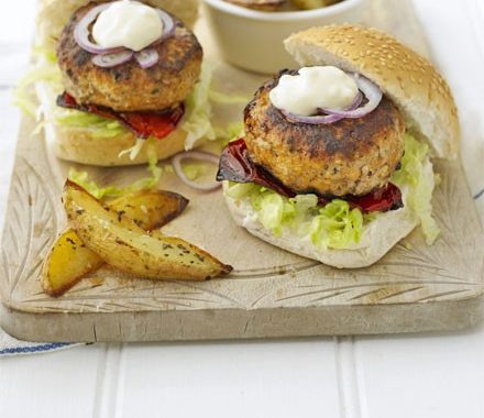 Pork burgers with herby chips recipe