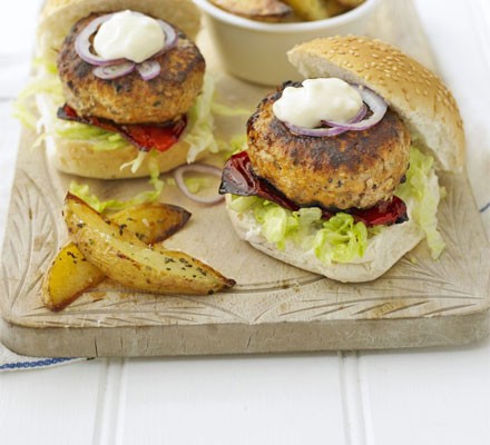 Pork burgers with herby chips recipe 